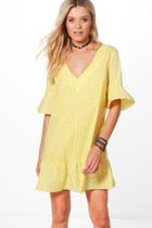 Boohoo Amy Gingham V Neck Ruffle Hem Shift Dress Yellow