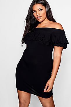 Boohoo Plus Evie Jersey Ruffle Off Shoulder Bodycon