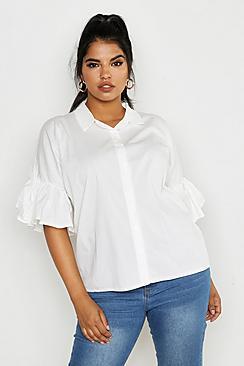 Boohoo Plus Poplin Cold Shoulder Ruffle Shirt