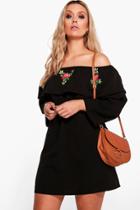 Boohoo Plus Violet Embroidered Off The Shoulder Dress Black