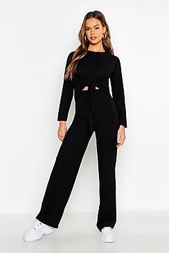 Boohoo Knot Detail Rib Top & Wide Leg Trouser Co-ord