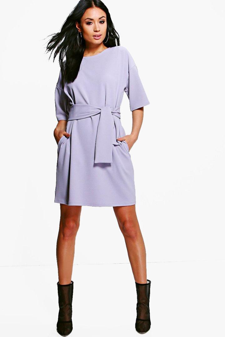 Boohoo Liv Structured Tie Belt Waist Shift Dress Ice
