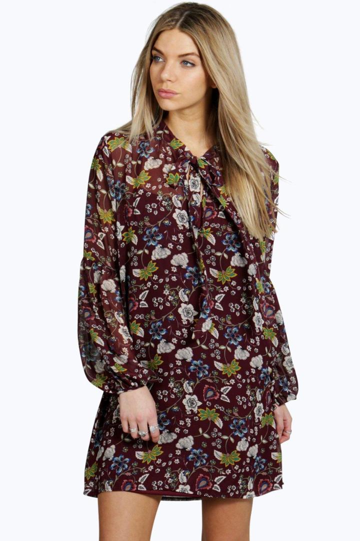 Boohoo Lara Tie Neck Puff Sleeve Floral Shirt Dress Berry