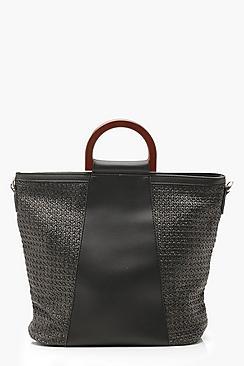 Boohoo Wooden Handle Straw Panel Tote & Strap