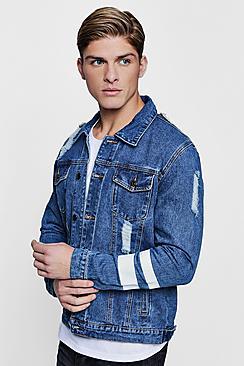 Boohoo Distressed Denim Western Jacket With Paint Stripe