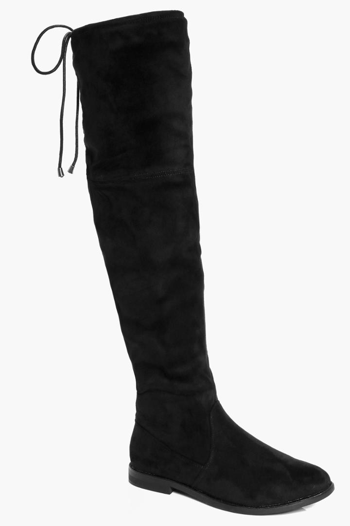 Boohoo Erin Tie Back Flat Over The Knee Boot Black