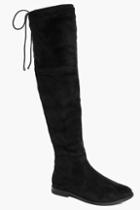 Boohoo Erin Tie Back Flat Over The Knee Boot Black