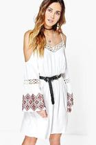 Boohoo Sai Embroidered Sleeve Open Shoulder Dress