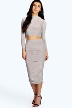 Boohoo Suvi Rouched Sleeve Midi Skirt Co-ord Set Grey