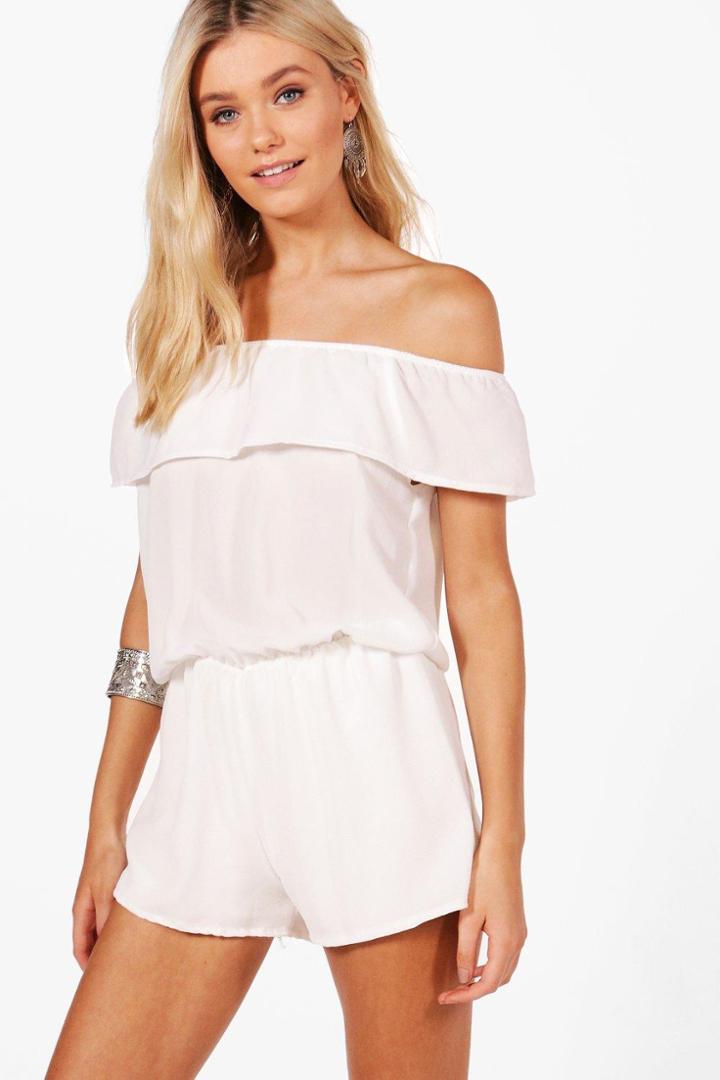 Boohoo Eliana Ruffle Off Shoulder Playsuit Ivory