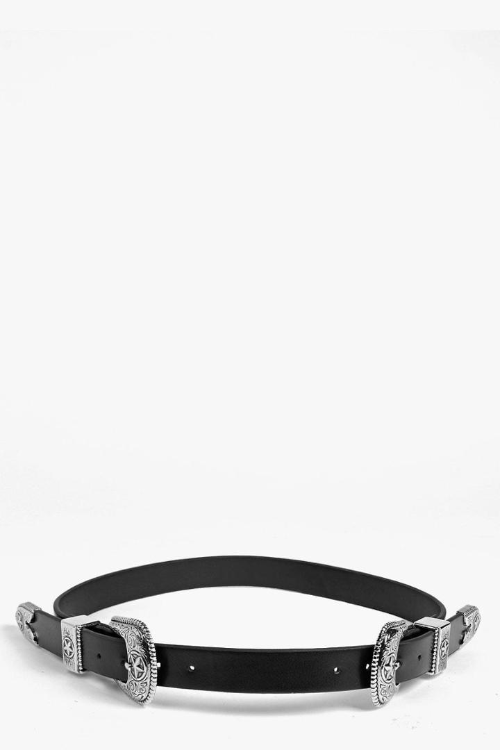 Boohoo Sarah Star Western Double Buckle Belt Black
