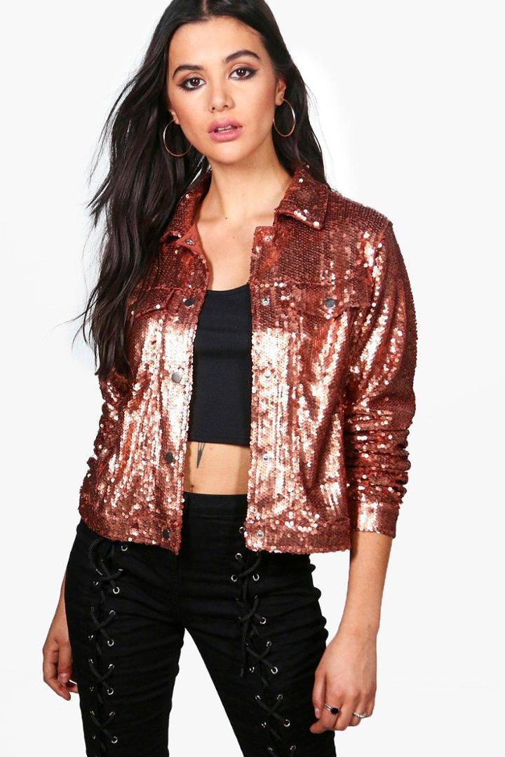 Boohoo Juliet Sequin Trucker Jacket Bronze
