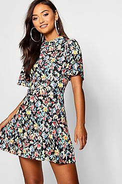 Boohoo Petite Floral Kimono Sleeve Skater Dress