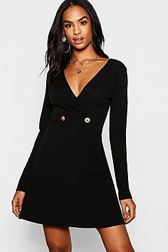 Boohoo Tall Mock Horn Button Skater Dress