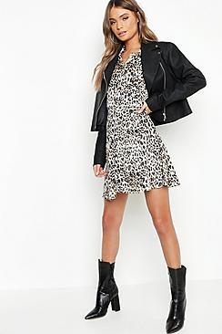 Boohoo Satin Leopard Shirt Dress