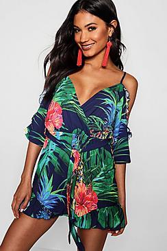 Boohoo Tropical Print Open Shoulder Playsuit