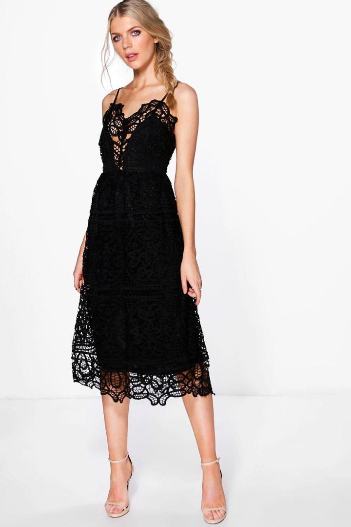 Boohoo Boutique Bea Crochet Panelled Midi Skater Dress Black