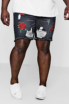 Boohoo Big And Tall Embroidered Loose Fit Denim Shorts