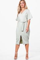 Boohoo Plus Molly Tailored Belted Tie Waist Midi Dress Sage