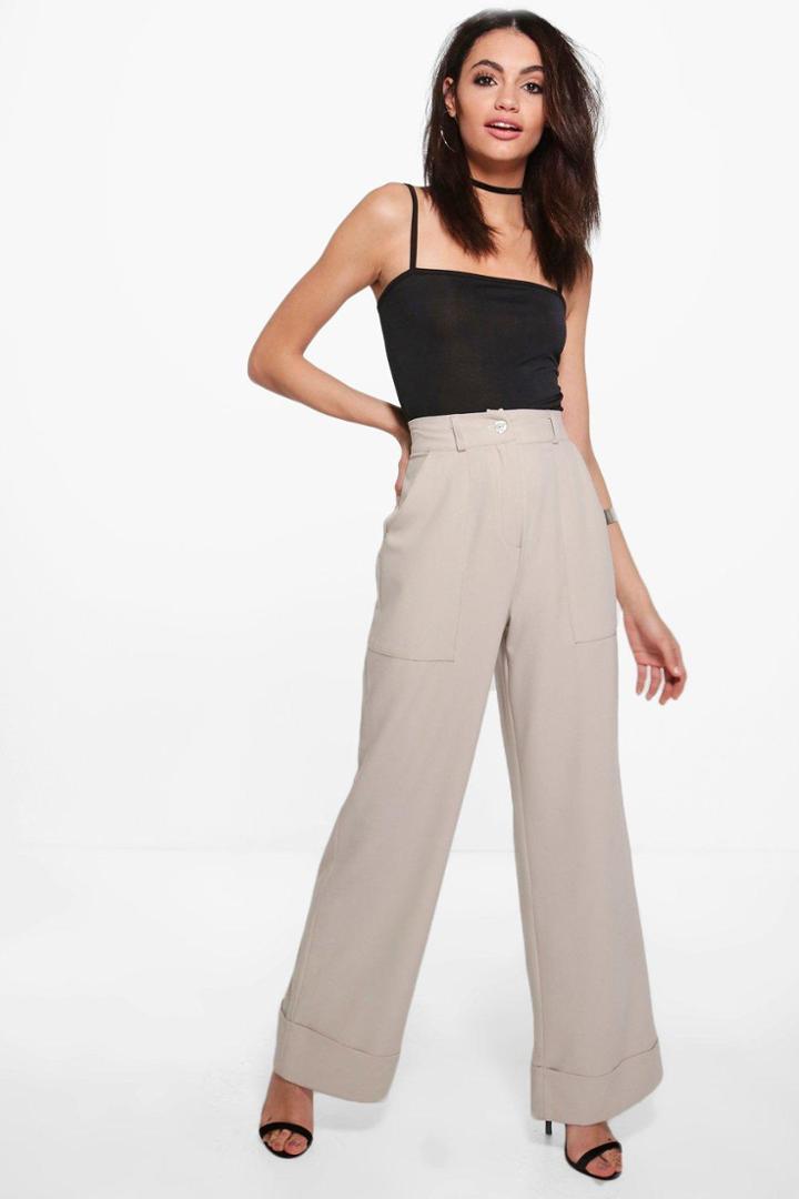 Boohoo India Deep Cuff Woven Tailored Wide Leg Trousers Stone