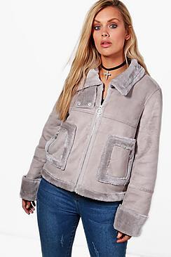 Boohoo Plus Layla Fur Pocket Front Bonded Aviator Jacket