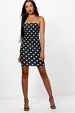 Boohoo Polka Dot Square Neck Bodycon Dress