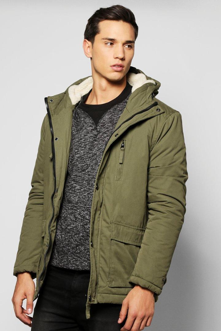 Boohoo Borg Lined Double Pocket Parka Khaki