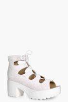 Boohoo Bethany Shimmer Lace Up Cleated Sandals White