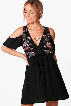 Boohoo Natasha Embroidered Cold Shoulder Wrap Skater Dress