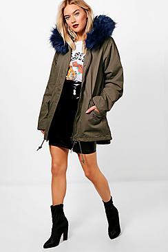 Boohoo Anja Parka With Blue Faux Fur Hood