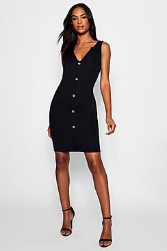 Boohoo Tall Mock Horn Button Rib Midi Dress