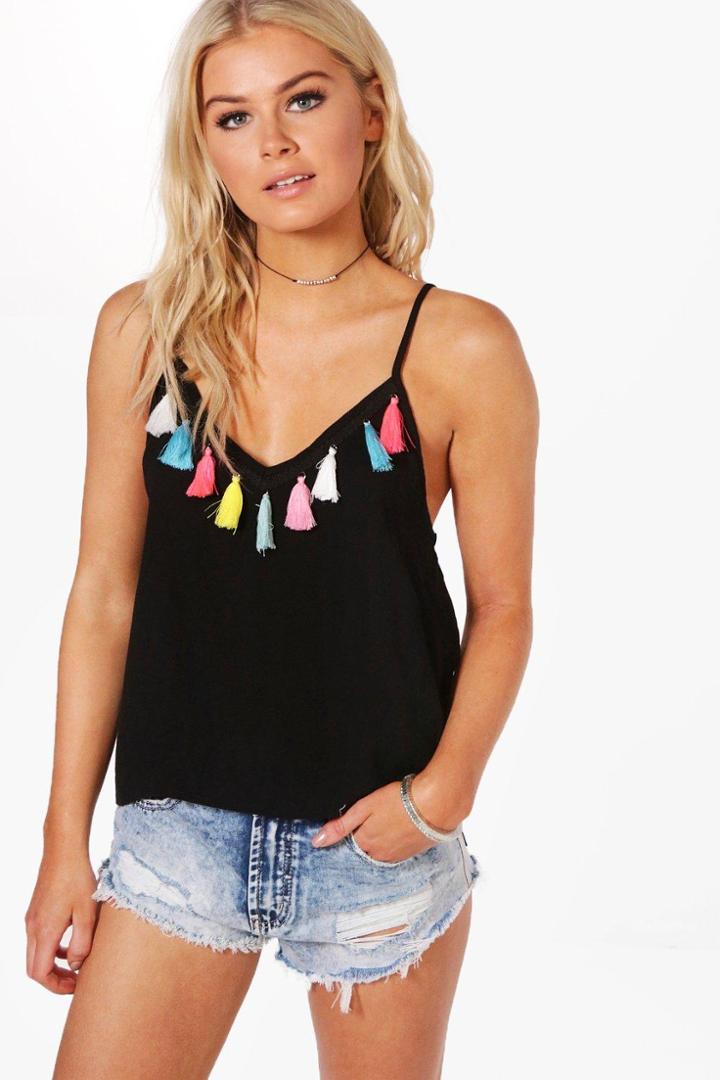 Boohoo Holly Neon Tassel Trim Cami Black