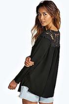 Boohoo Rachel Crochet Trim Long Sleeve Swing Blouse