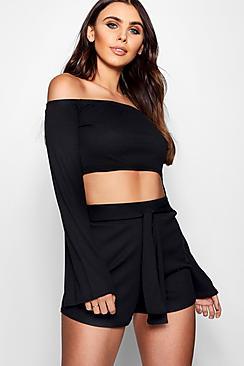 Boohoo Petite Wide Sleeve Bardot & Shorts Co-ord
