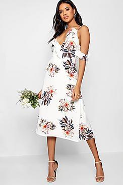 Boohoo Floral Print Midi Skater Dress