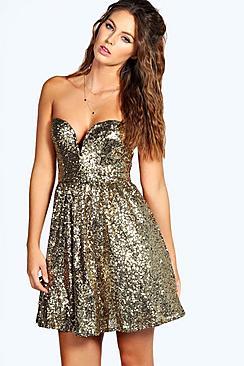 Boohoo Nadia Sequin Plunge Skater Dress