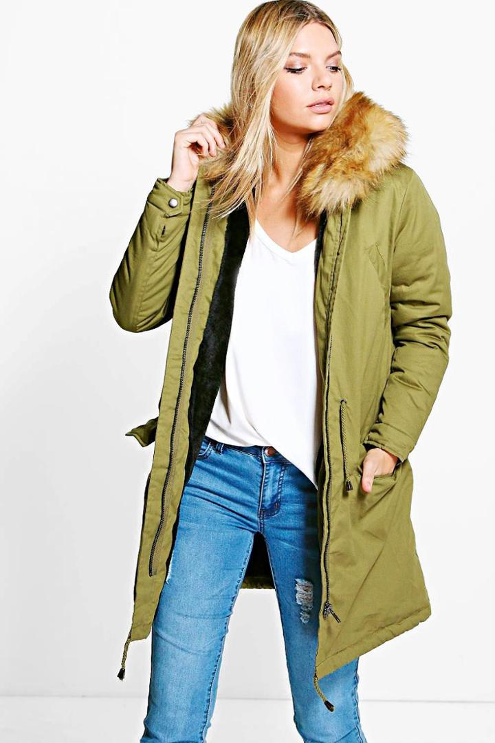 Boohoo Boutique Isla Parka With Faux Fur Lining Khaki