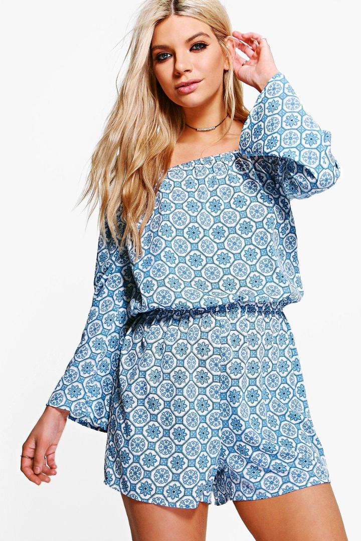 Boohoo Mia Tile Print Off Shoulder Playsuit Blue