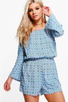 Boohoo Mia Tile Print Off Shoulder Playsuit Blue