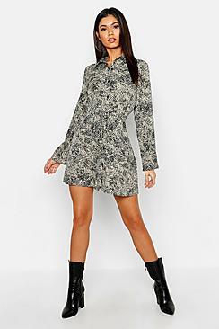 Boohoo Mini Leopard Tie Waist Shirt Dress