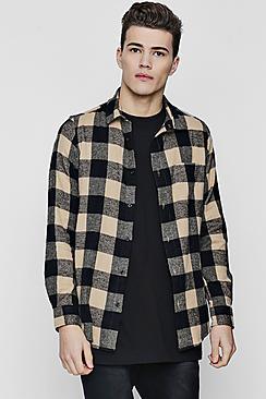 Boohoo Camel Large Check Long Sleeve Shirt