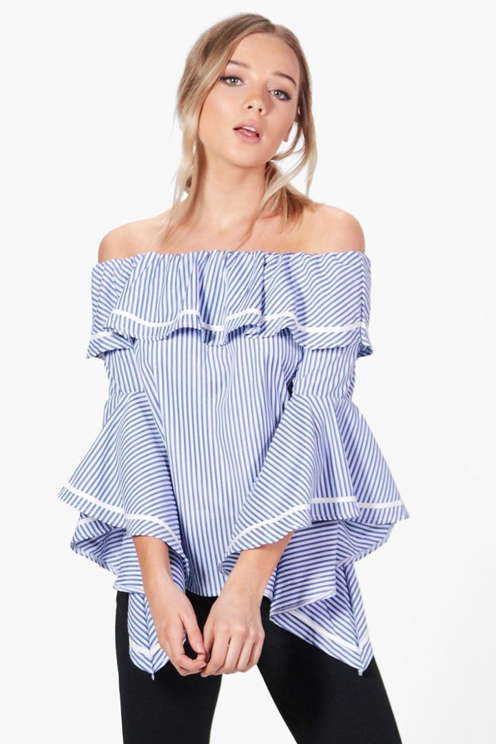 Boohoo Alice Stripe Off The Shoulder Shirt Blue