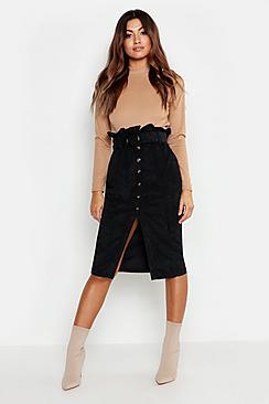 Boohoo Cord Paperbag Button Midi Skirt