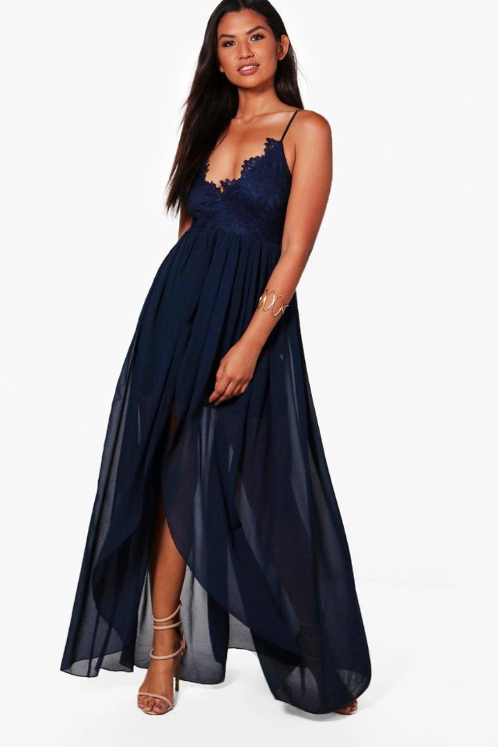 Boohoo Boutique Lila Strappy Lace Top Chiffon Maxi Dress Navy