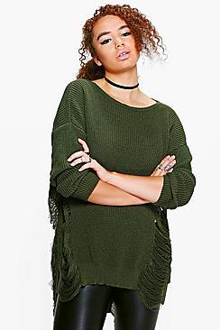 Boohoo Plus Jenna Distressed Longline Knitted Jumper