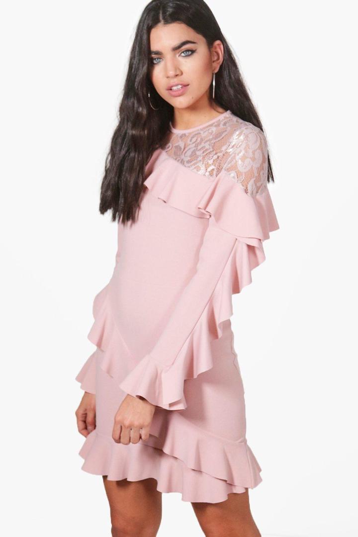 Boohoo Jackie Lace And Frill Bodycon Dress Rose