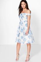 Boohoo Katy Floral Organza Off The Shoulder Skater Dress Blue