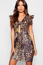 Boohoo Leopard Print Tie Front Button Bodycon Dress