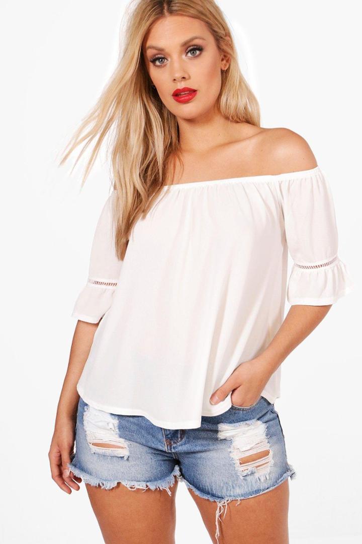 Boohoo Plus Ellie Embroidered Off The Shoulder Top Ivory