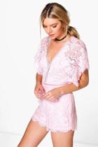 Boohoo Boutique Jen Flutter Sleeve All Over Lace Playsuit Blush